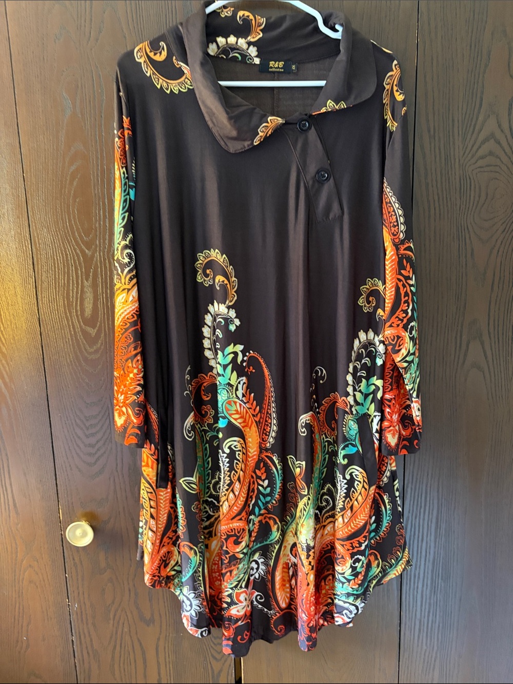R&B Collection Brown Midi Dress with Orange & Teal Paisley. Size 2X